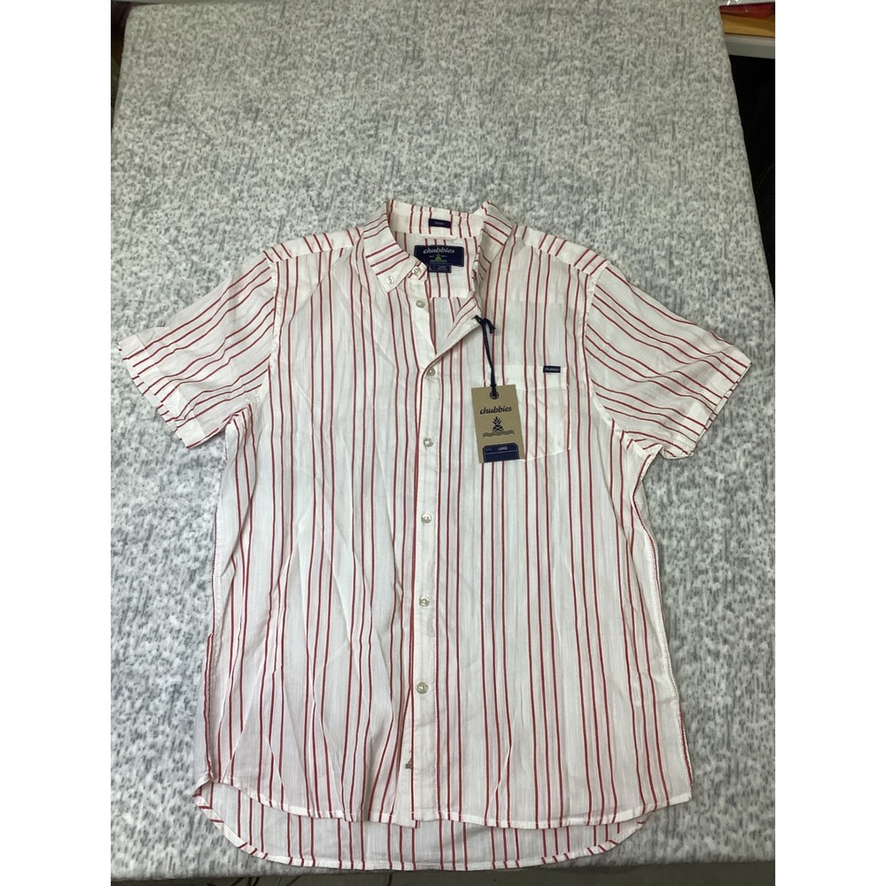 Chubbies The Ruby Ribbon Friday Shirt Mens Large Red White Striped Resort Weave
